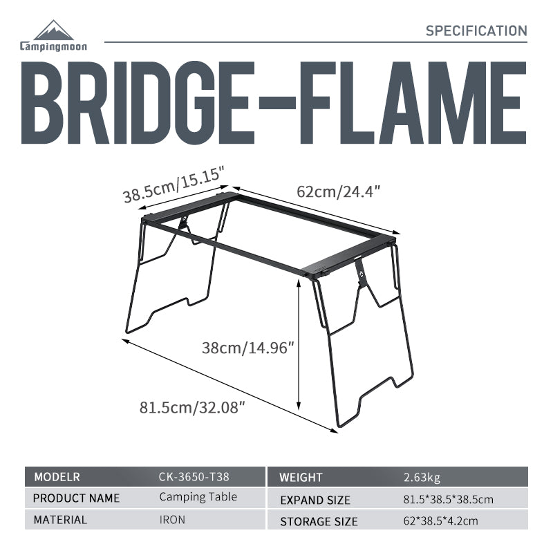 dimensions labeled on the side of A black steel foldable camping table with a simple, sturdy design featuring four legs and a flat surface.
