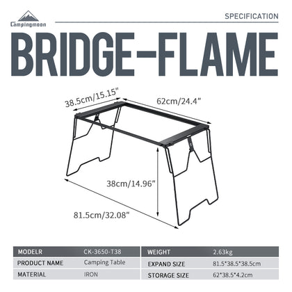 dimensions labeled on the side of A black steel foldable camping table with a simple, sturdy design featuring four legs and a flat surface.