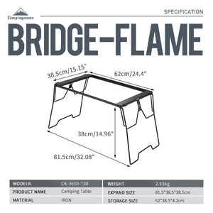 dimensions labeled on the side of A black steel foldable camping table with a simple, sturdy design featuring four legs and a flat surface.
