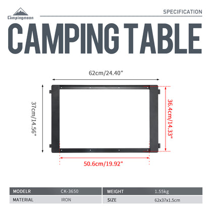 Dimensions labeled on the side of A black iron grill frame designed for connection to a shelf container or field rack, intended for outdoor use.