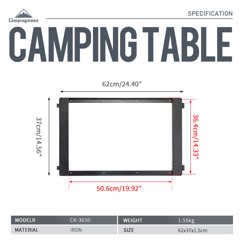 Dimensions labeled on the side of A black iron grill frame designed for connection to a shelf container or field rack, intended for outdoor use.