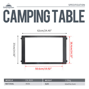 Dimensions labeled on the side of A black iron grill frame designed for connection to a shelf container or field rack, intended for outdoor use.