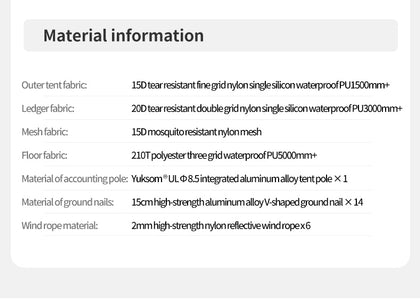 Material information table for outdoor tent components on a white background