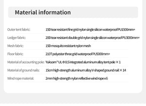 Material information table for outdoor tent components on a white background