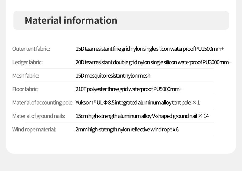 Material information table for outdoor tent components on a white background