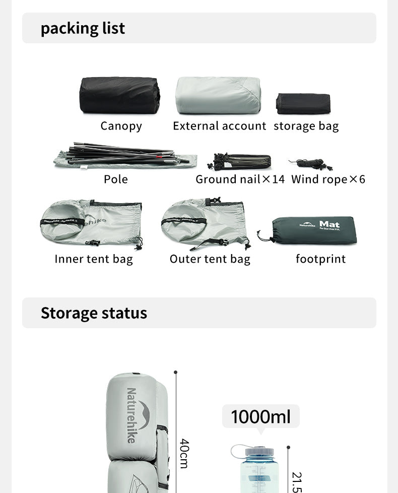 Packing list for a tent with items and storage status shown.