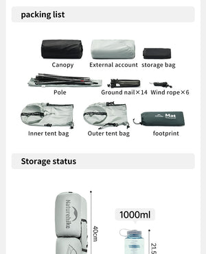 Packing list for a tent with items and storage status shown.
