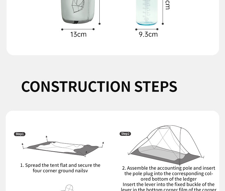 Instructions for setting up a tent with measurements and step-by-step guide.