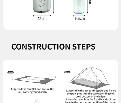Instructions for setting up a tent with measurements and step-by-step guide.