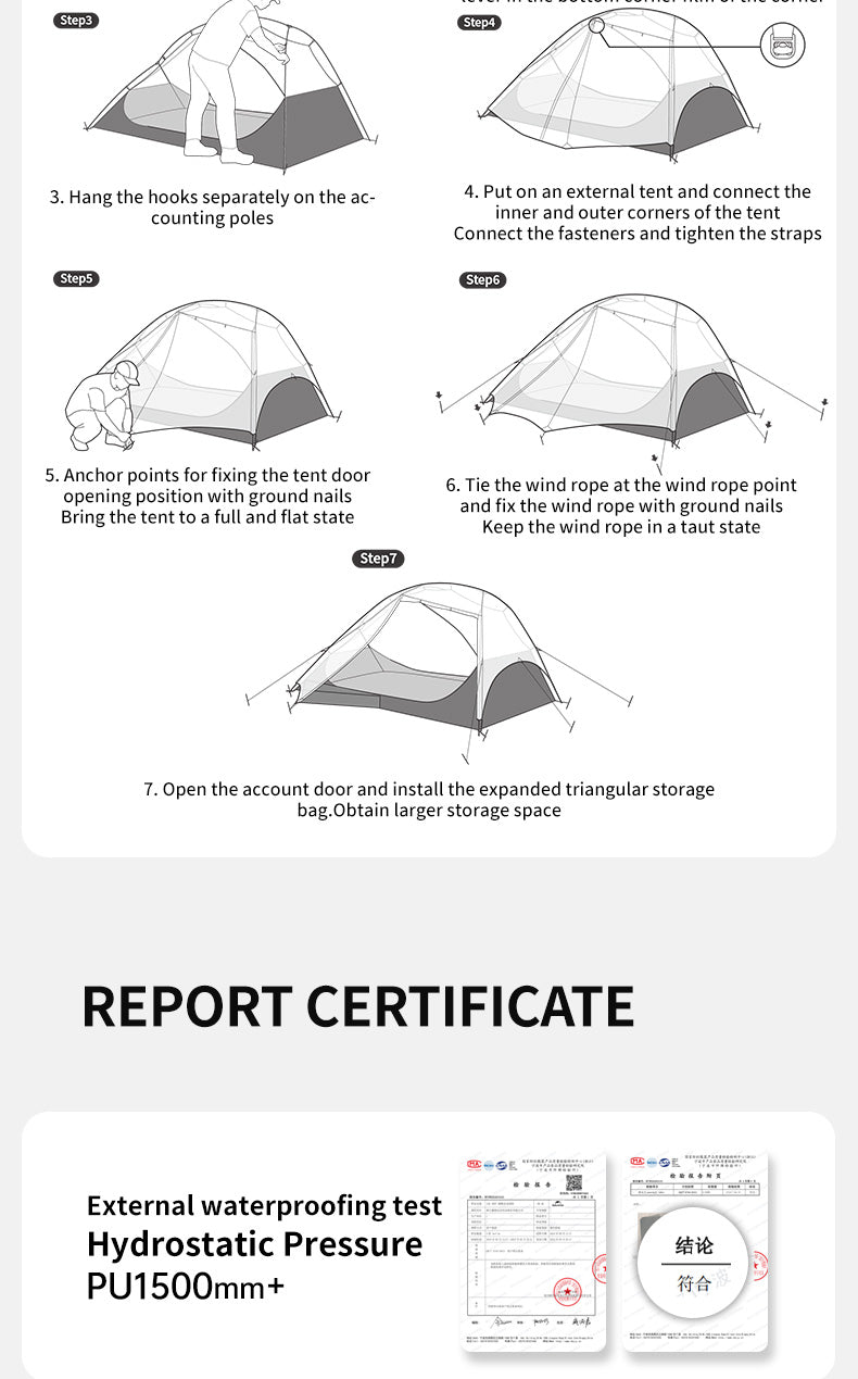 Step-by-step guide on setting up a tent with illustrations and text, followed by a report certificate for external waterproofing test.