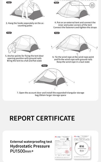 Step-by-step guide on setting up a tent with illustrations and text, followed by a report certificate for external waterproofing test.