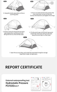 Step-by-step guide on setting up a tent with illustrations and text, followed by a report certificate for external waterproofing test.