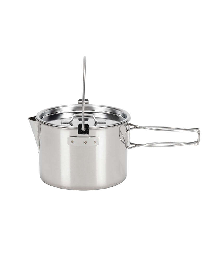 Snow Peak Kettle No.1 in stainless steel with a folding wire handle and a hinged lid.
