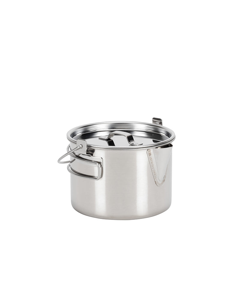 Snow Peak Kettle No.1 with the side handle folded out, showing the hinged lid.