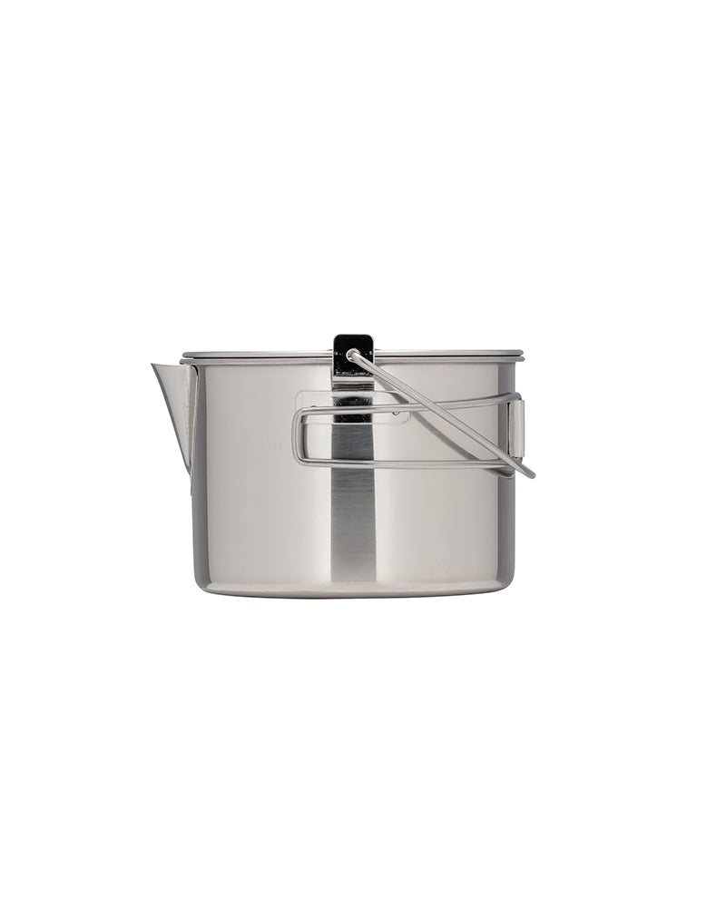 Snow Peak Kettle No.1 seen from the front with the spout and folded handles.