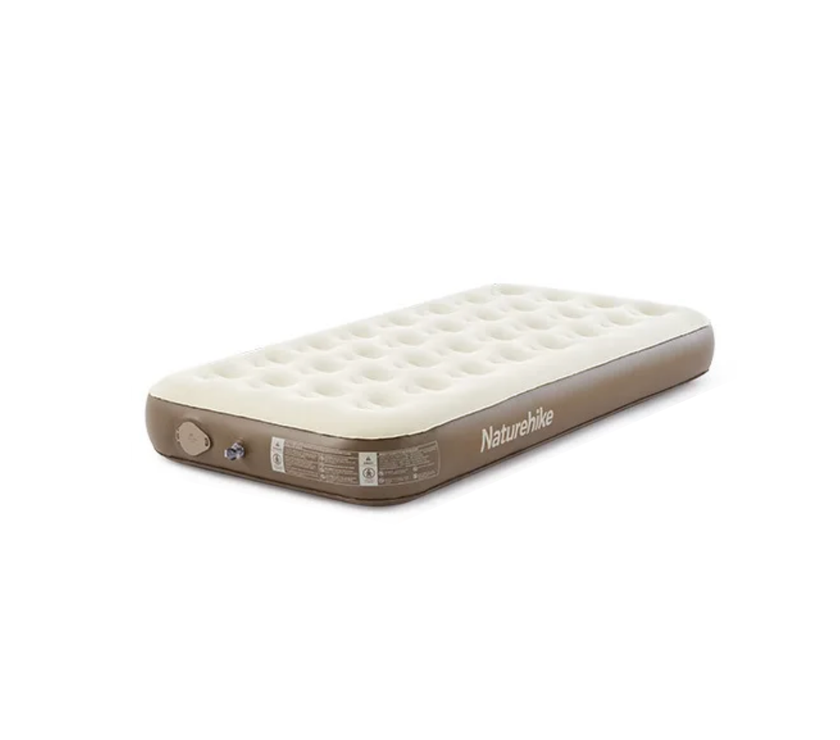 A single-sized Naturehike inflatable mattress with a built-in pump, shown in a deflated state.
