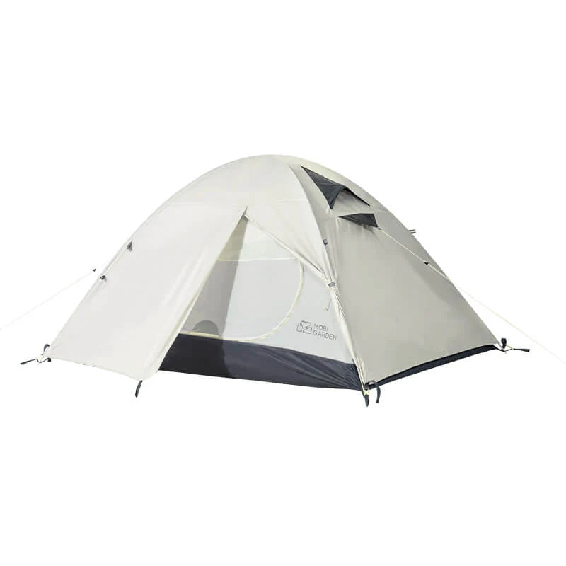 A professional backpacking tent with a streamlined design, featuring a gray color, a raised groundsheet, and a streamlined shape to reduce wind resistance.