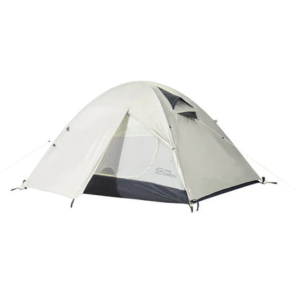 A professional backpacking tent with a streamlined design, featuring a gray color, a raised groundsheet, and a streamlined shape to reduce wind resistance.