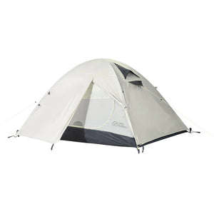 A professional backpacking tent with a streamlined design, featuring a gray color, a raised groundsheet, and a streamlined shape to reduce wind resistance.