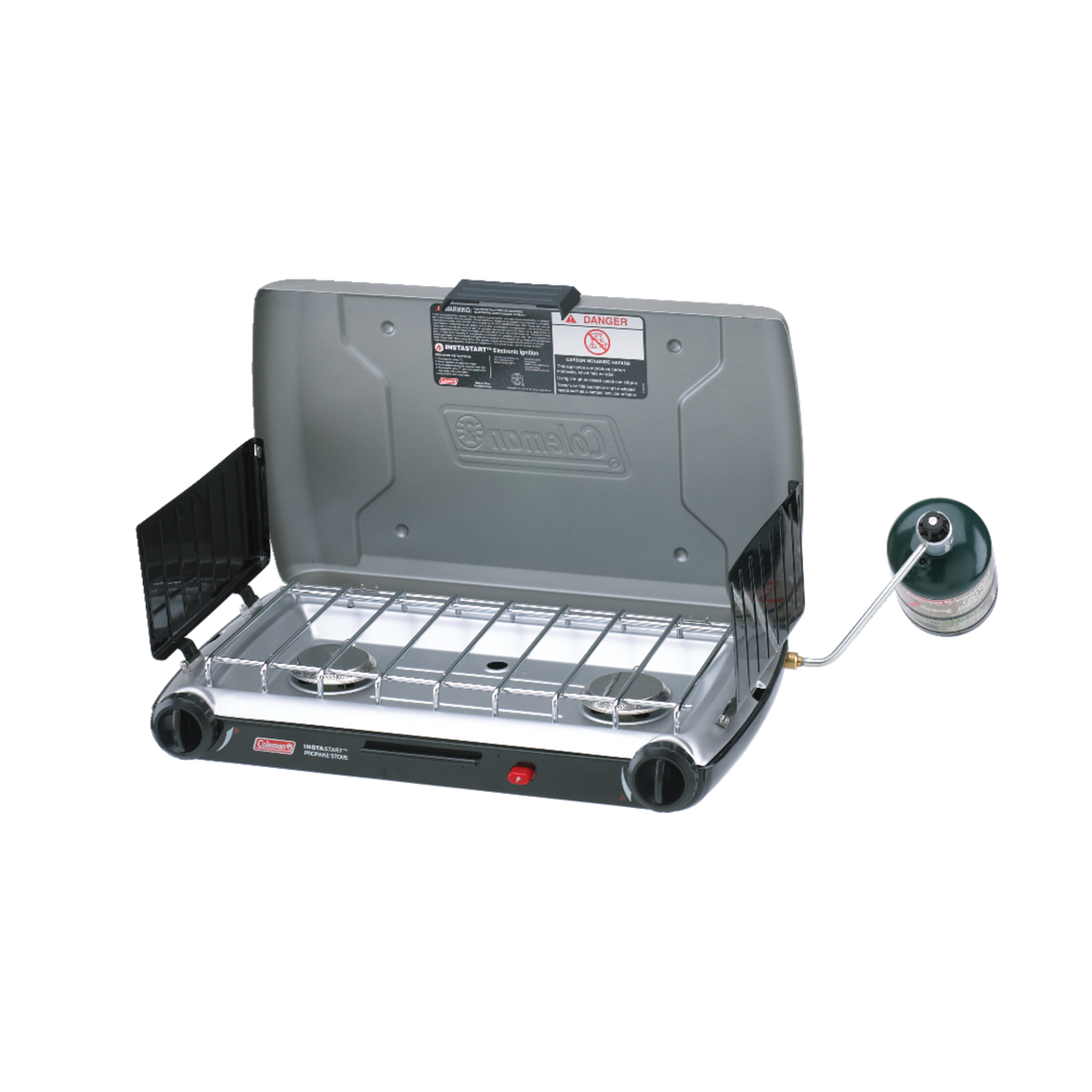 Coleman 2 Burner Triton Series Stove, open, with two burners and a windscreen.