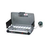 Coleman 2 Burner Triton Series Stove, open, with two burners and a windscreen.