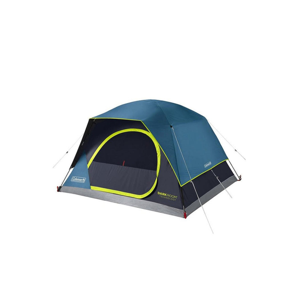 A blue and green Coleman 4-Person Skydome Darkroom Tent with a wide door and mesh storage pockets.