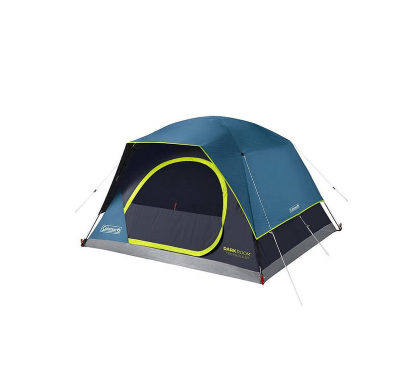 A blue and green Coleman 4-Person Skydome Darkroom Tent with a wide door and mesh storage pockets.