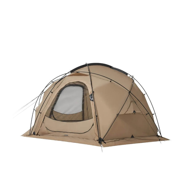 A brown dome tent with a visible door and window, designed for outdoor camping activities.