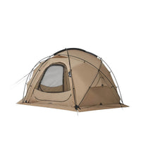 A brown dome tent with a visible door and window, designed for outdoor camping activities.