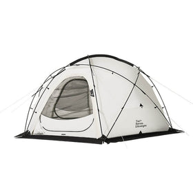 A white dome tent with a visible door and window, set up on a white background.