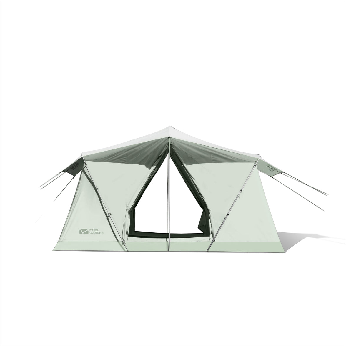 A green double-layered tent with a sunshade on top and visible mesh doors.