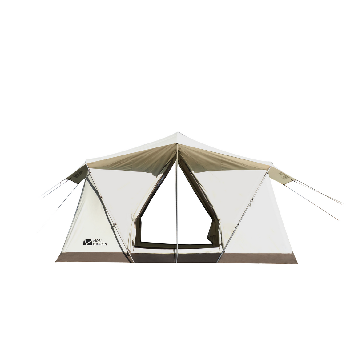 Front view of Mobi Garden Era 205 Camping Tent in beige and brown, featuring spacious design with dual entry doors and durable outdoor structure.