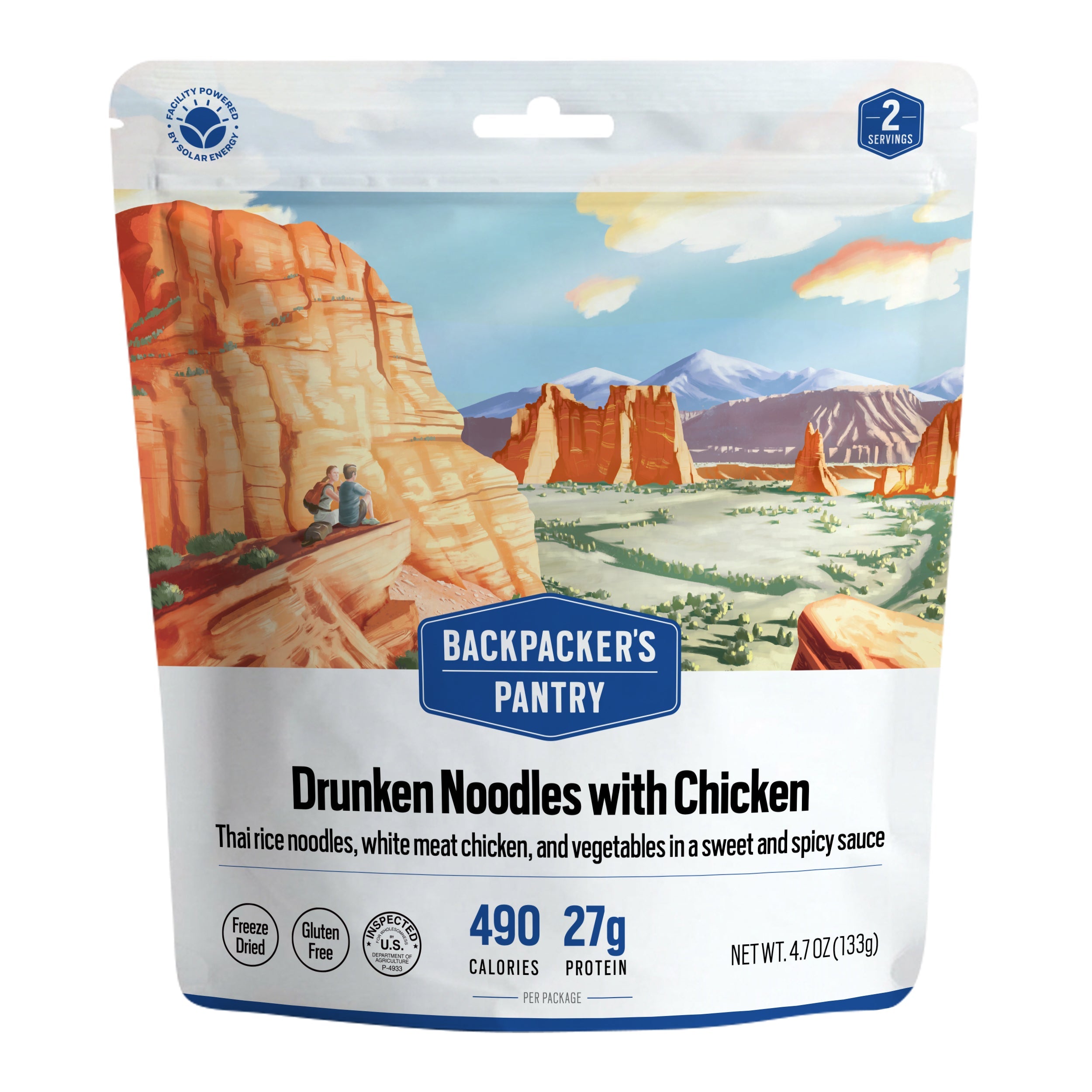 Backpacker's Pantry Drunken Noodles with Chicken freeze-dried meal pouch, 490 calories and 27 g protein, 133 g.