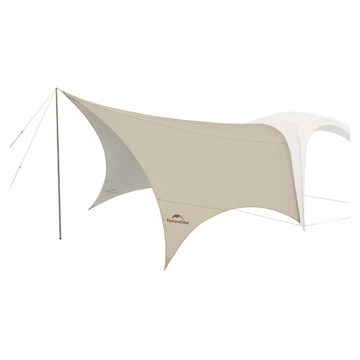 Beige and white tent shade with a brand logo on a white background