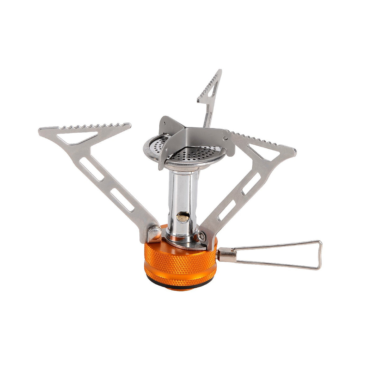 A compact and foldable Fire Maple FMS-103 camping stove with a silver body and orange control knob, featuring triangular supports.