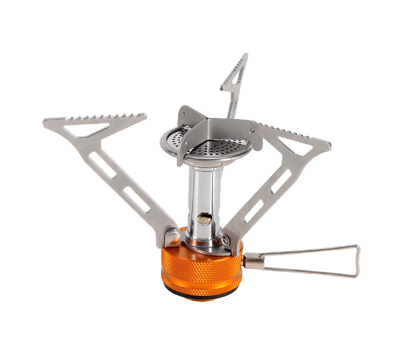 A compact and foldable Fire Maple FMS-103 camping stove with a silver body and orange control knob, featuring triangular supports.