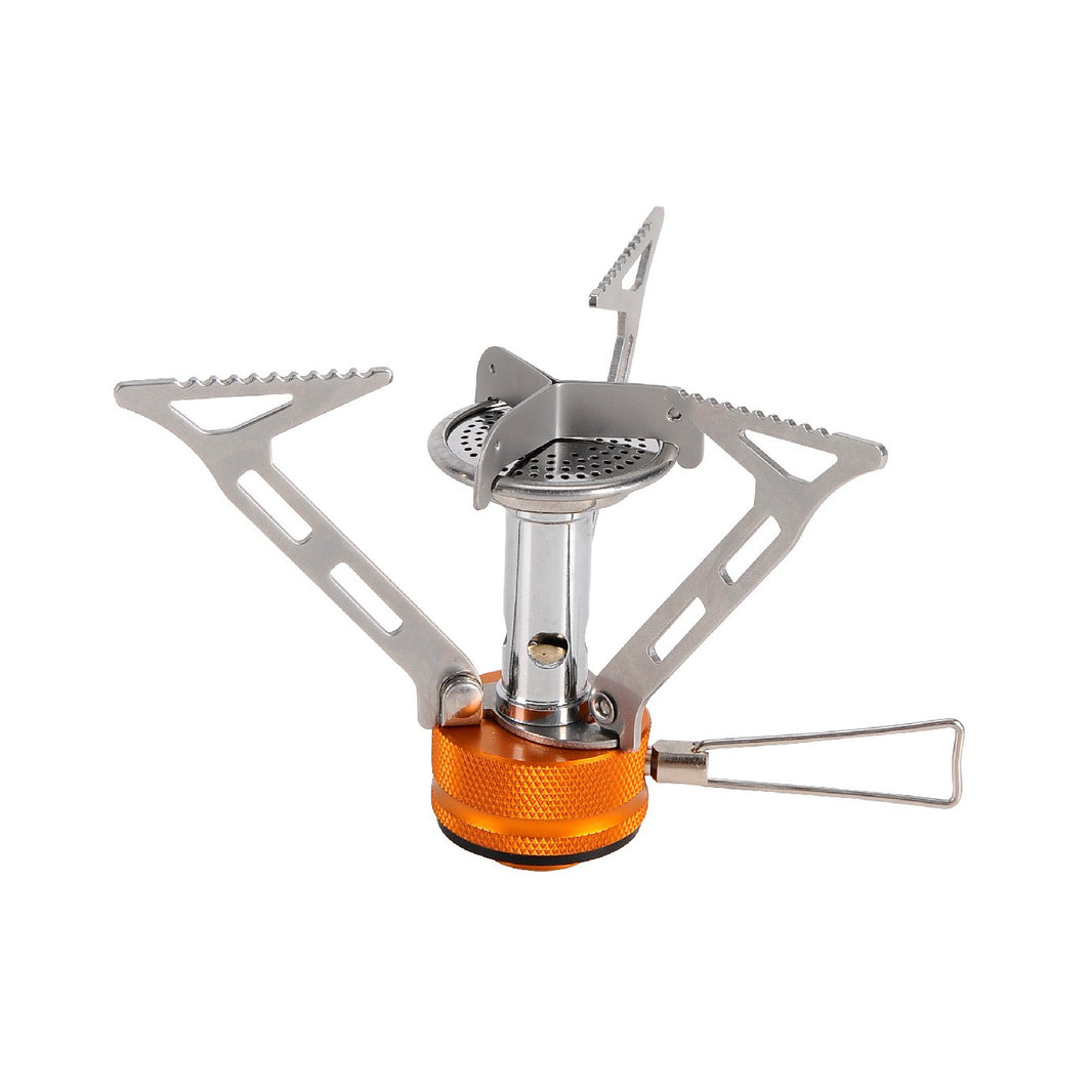 A compact and foldable Fire Maple FMS-103 camping stove with a silver body and orange control knob, featuring triangular supports.