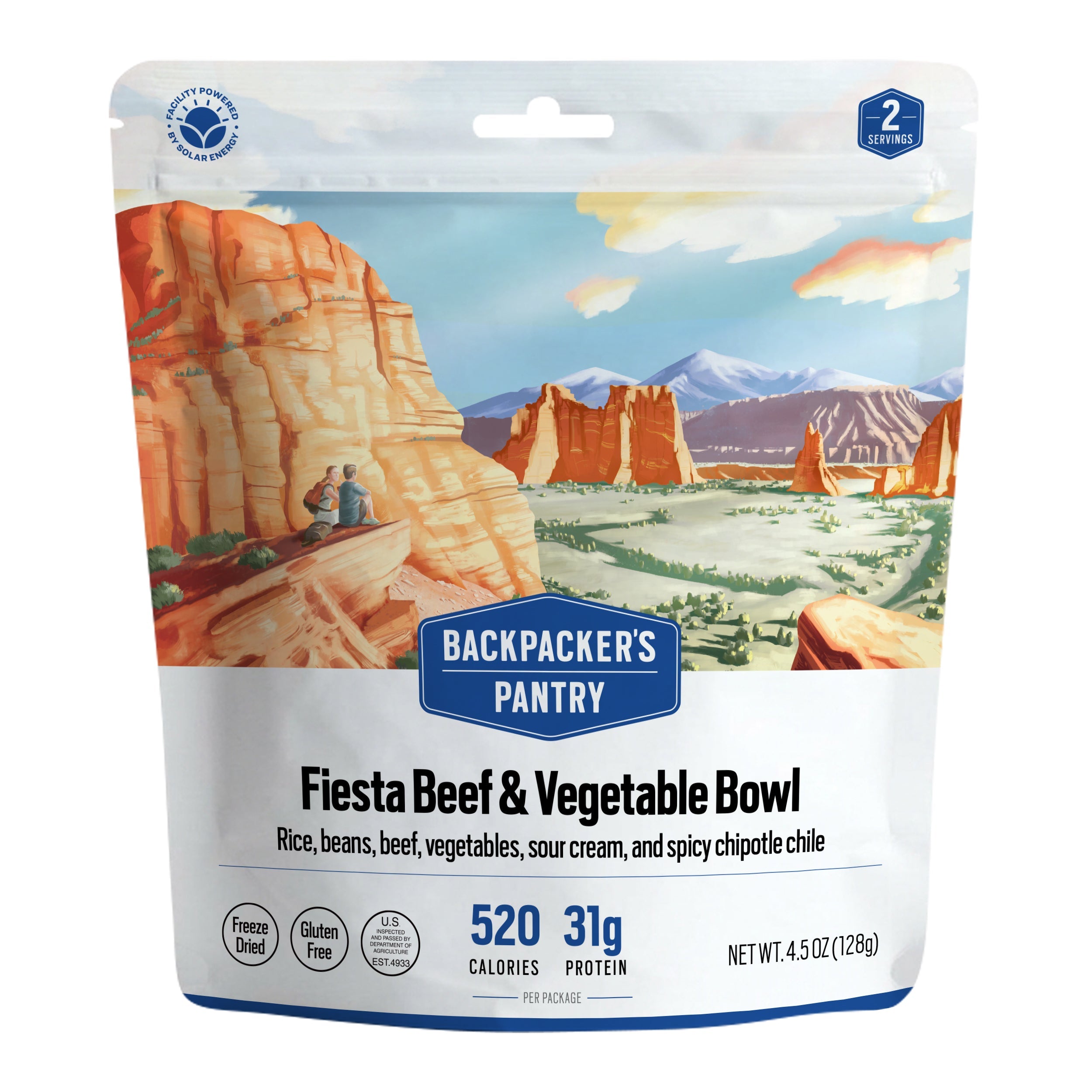 Backpacker's Pantry Fiesta Beef & Vegetable Bowl freeze-dried meal pouch, 520 calories and 31 g protein, 128 g.