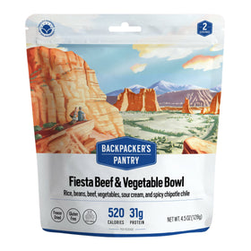 Backpacker's Pantry Fiesta Beef & Vegetable Bowl freeze-dried meal pouch, 520 calories and 31 g protein, 128 g.