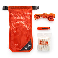 SOL Fire Lite Kit contents: micro sparker, Tinder Quik, tinder cord and waterproof dry bag