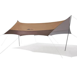 A brown and gray Mobi Garden tarp set up outdoors with a silver coated surface, providing shade.
