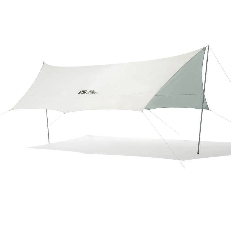A large white tarp with a silver coated section, designed for outdoor use, displayed against a white background.