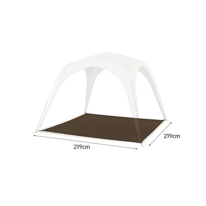 A medium-sized khaki-colored canopy with a transparent roof and a solid brown extension floor mat, measuring 219cm by 219cm.