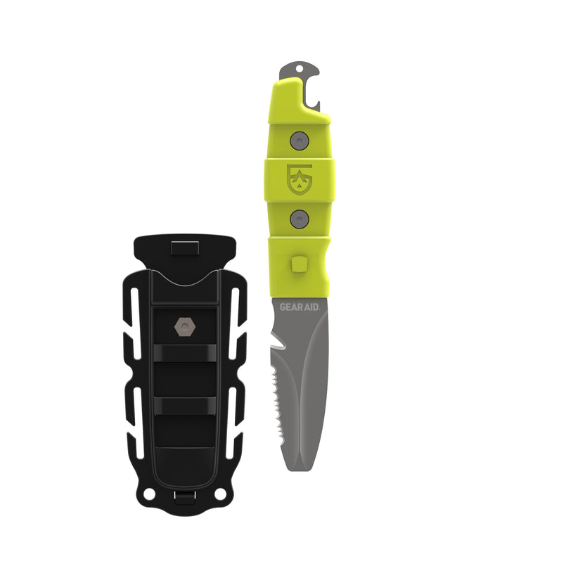 Gear Aid Akua blunt tip river rescue knife in high-visibility Neon with quick-release sheath