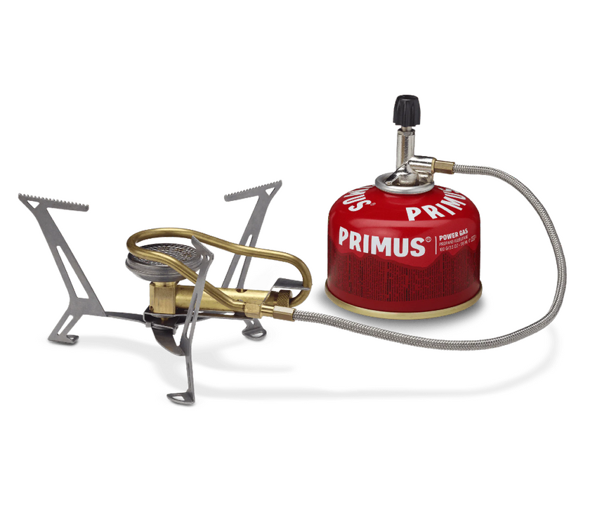 Primus Express Spider Stove connected to fuel canister with tripod base