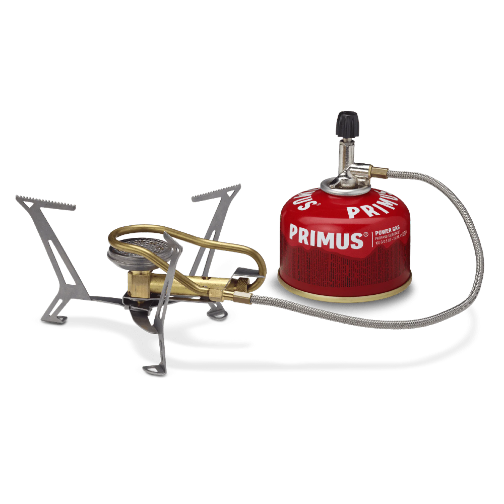 Primus Express Spider Stove connected to fuel canister with tripod base