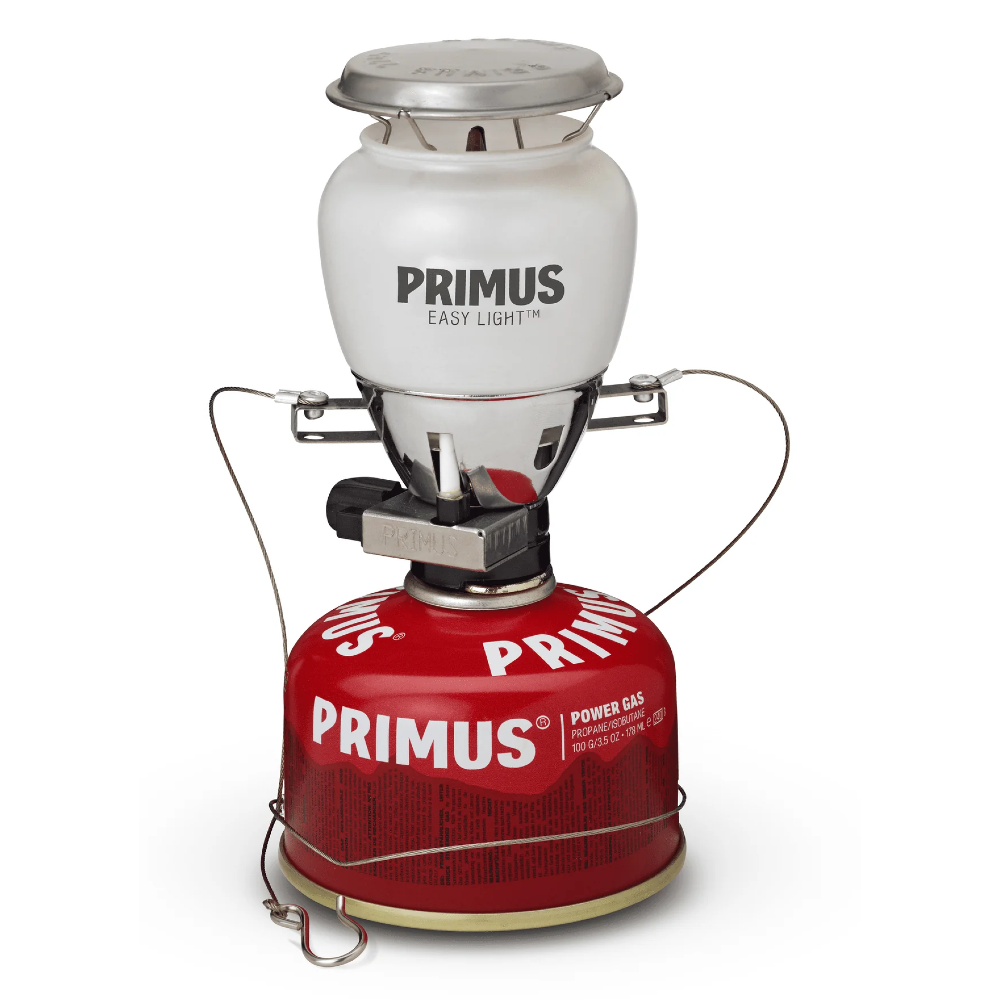 Primus EasyLight Piezo lantern attached to a red gas canister