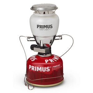 Primus EasyLight Piezo lantern attached to a red gas canister