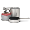 Cooking set with pot and pan on a camping stove