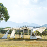 A large white tunnel tent with a spacious interior and multiple windows, designed for outdoor camping activities.